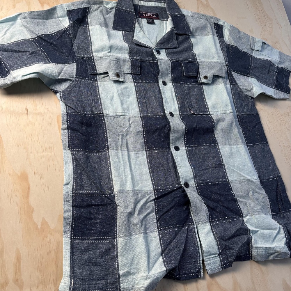 Veezo Shirt Mens 2XL Blue Plaid Short Sleeve Button Front Pockets Cotton Casual